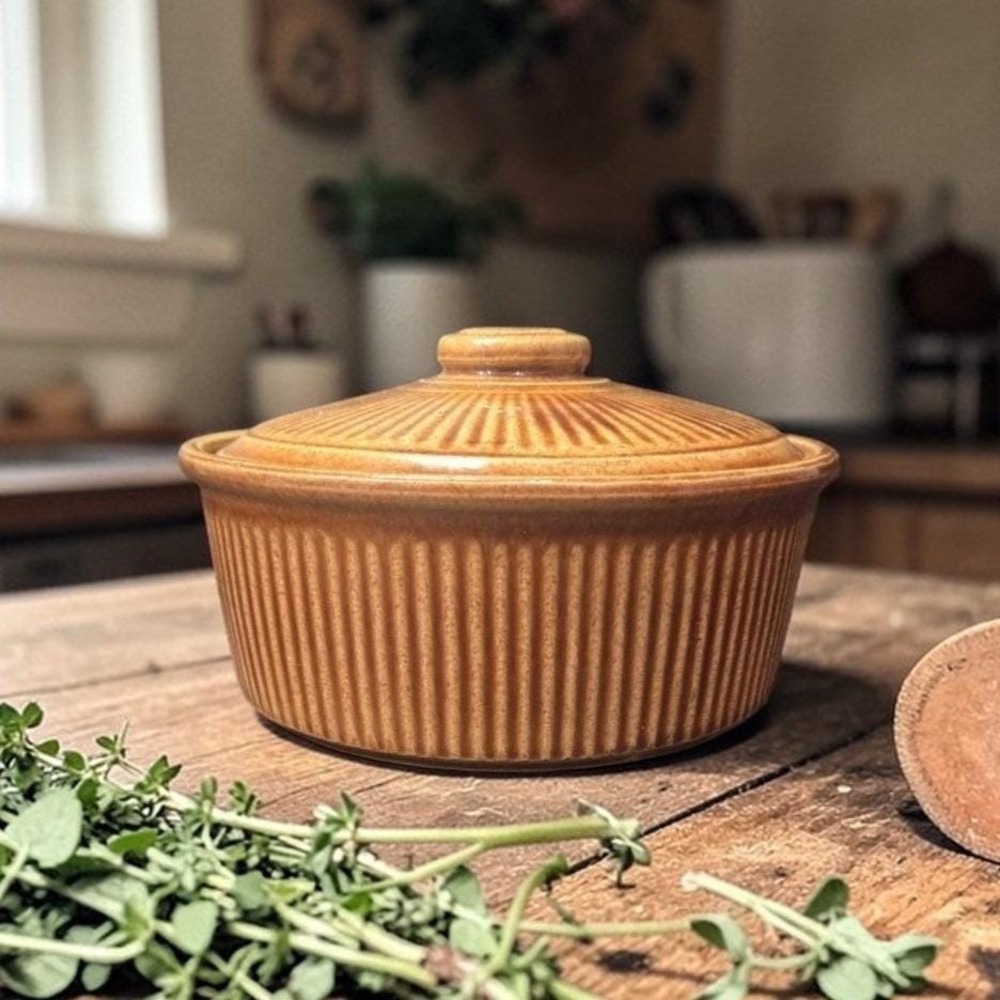 USA Stoneware Lidded Bean Pot, Brown Tan Ribbed Crock, Vtg Rustic Kitchenware
